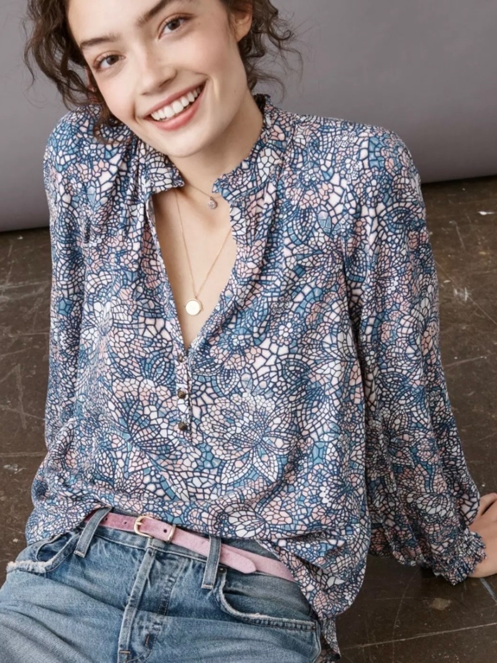 Anthropologie Maeve Blue/Pink Mosaic Floral Blouse, size Medium